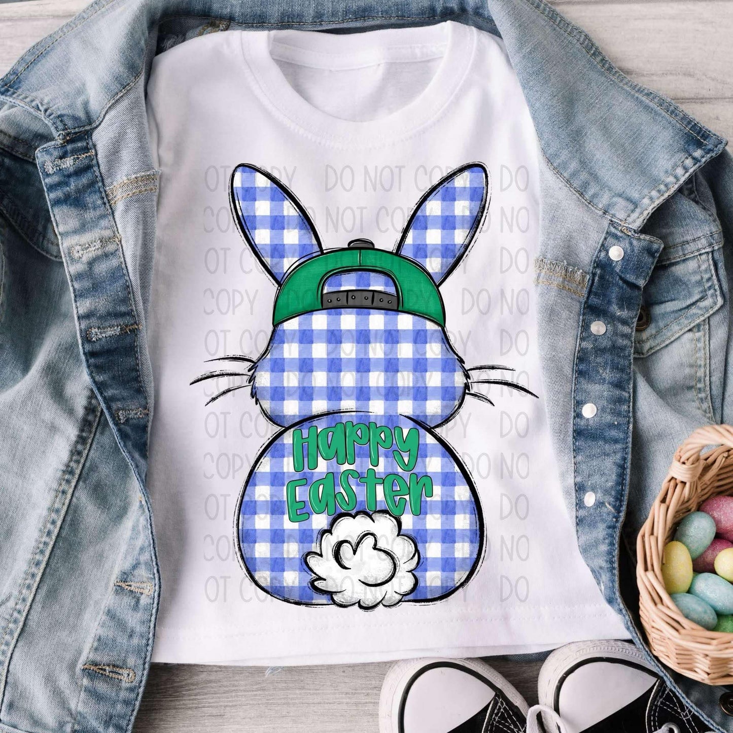 Happy Easter Blue bunny with green hat- Completed tee/bella