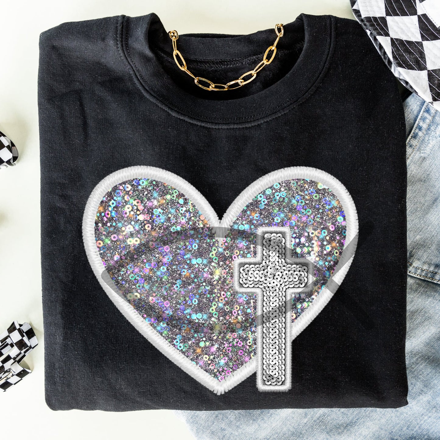Heart/Cross faux (FAKE) sequin/embroidery- Completed Sweatshirt