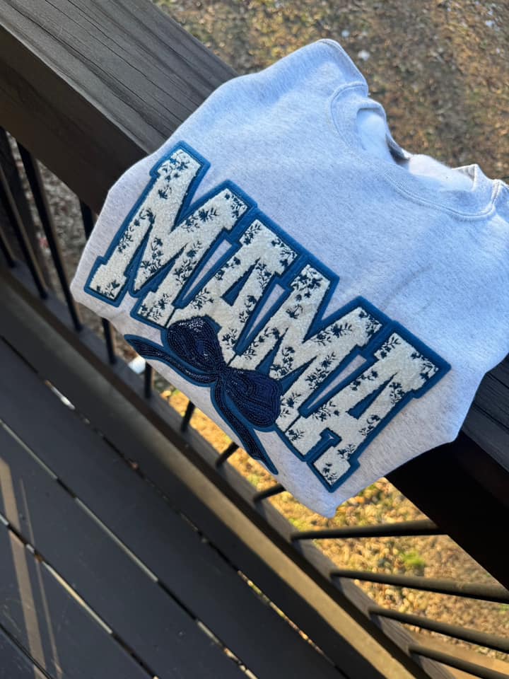 MAMA blue bow-Completed Embroidery Patch Sweatshirt