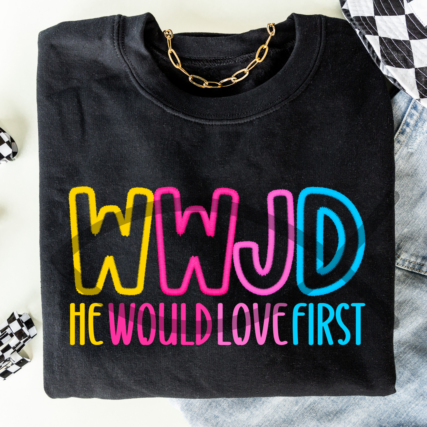 WWJD Embroidery (fake) bright letter colors-DTF Transfer