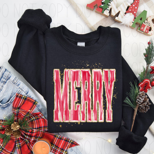 Merry with faux glitter- DTF Transfer