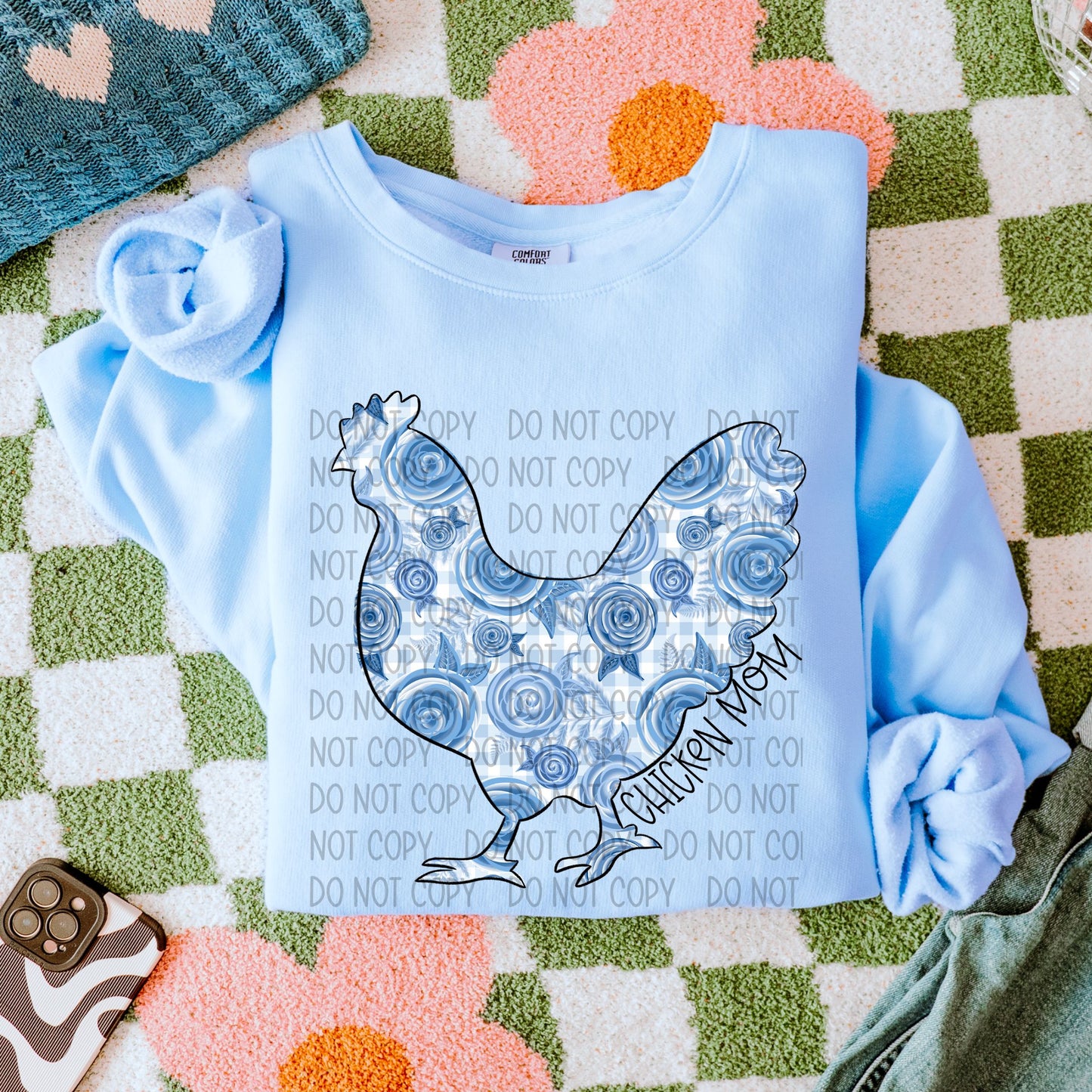 Chicken Mom Blue Florals- DTF Transfer