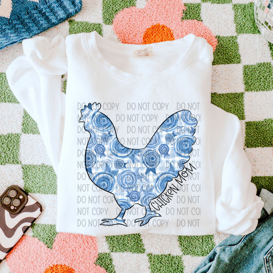 Chicken Mom Blue Florals- DTF Transfer