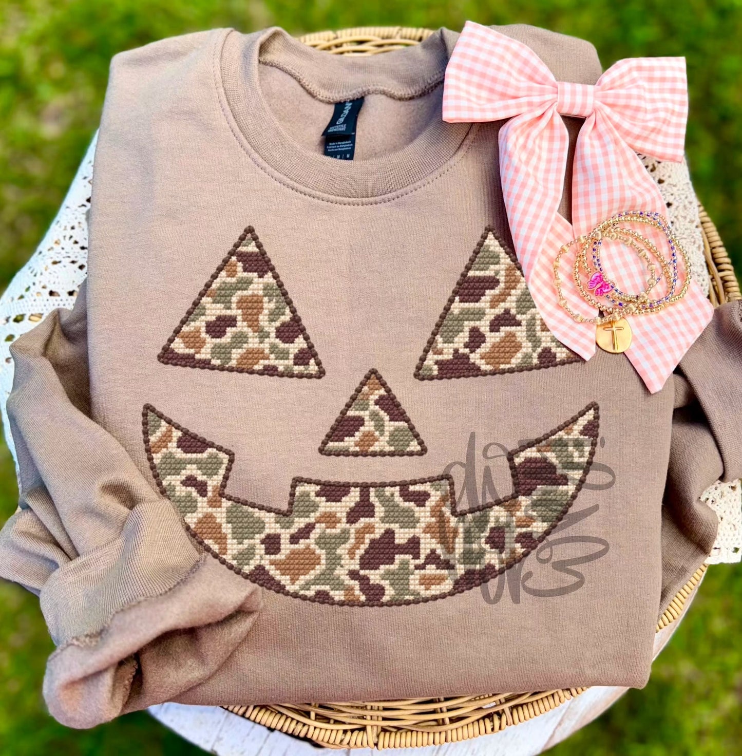 CAMO-Checkered Pumpkin Face Faux Stitched - DTF Transfer