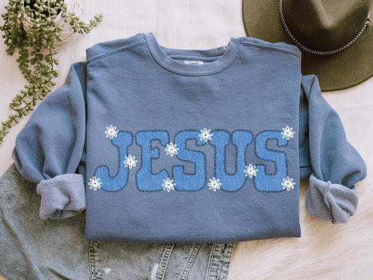 Jesus faux embroidery flowers- Comfort Color sweatshirt