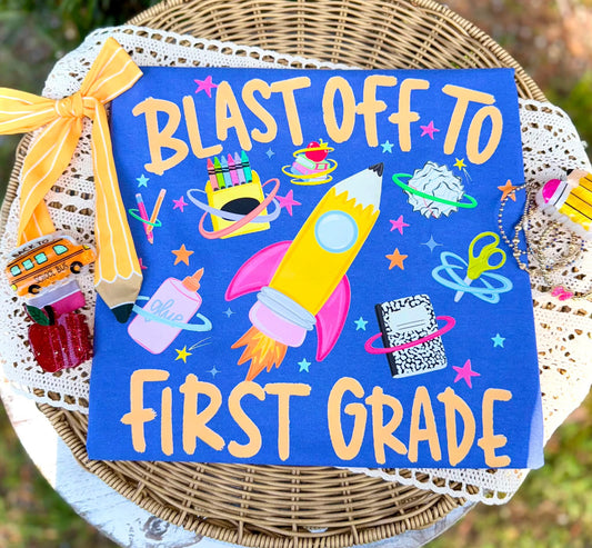 Blast Off To First Grade Pink - DTF Transfer
