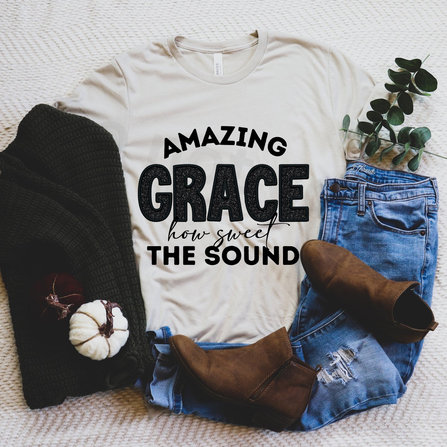 Amazing grace how sweet the sound faux (fake) embroidery- dtf transfer