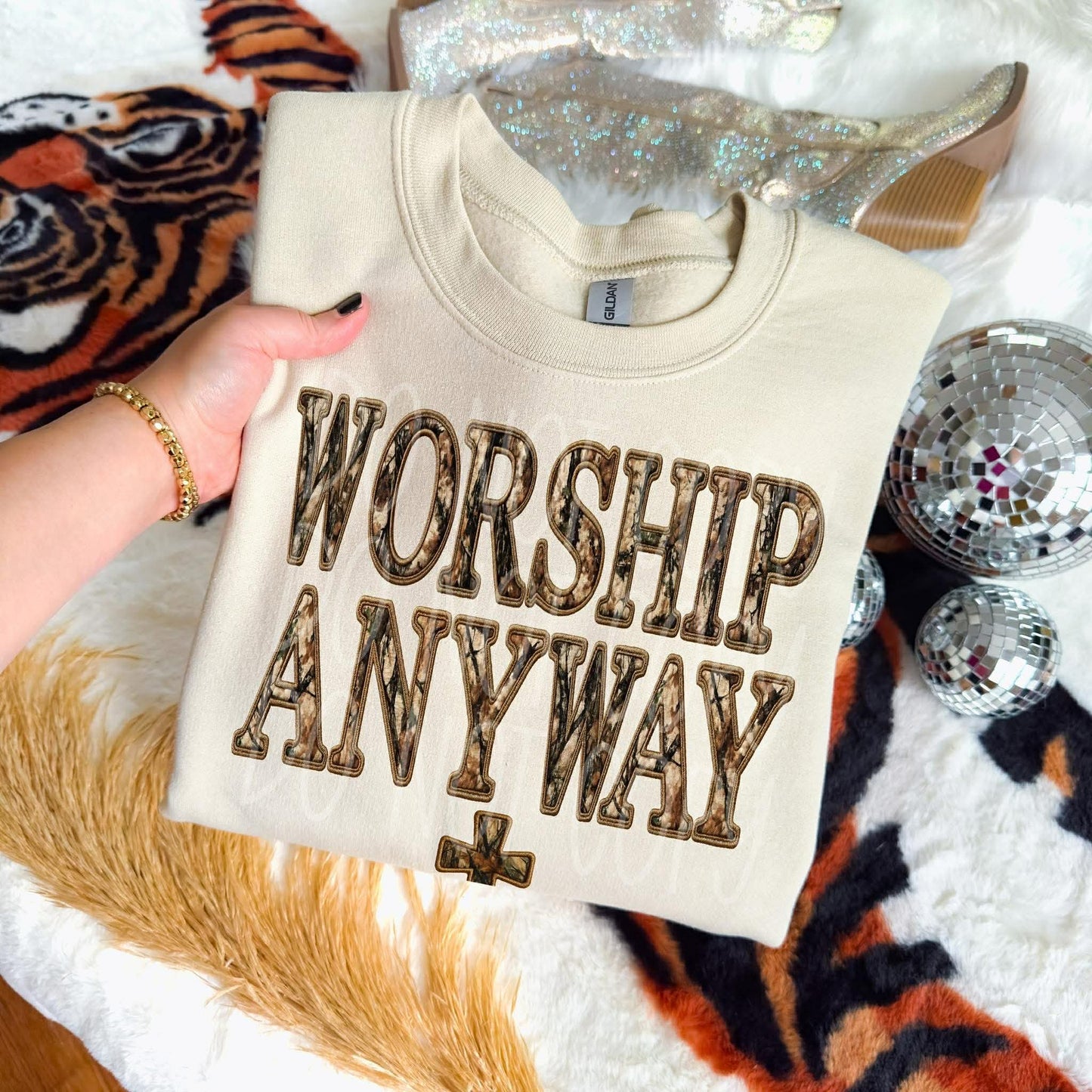 Worship Anyway camo faux embroidery- DTF Transfer