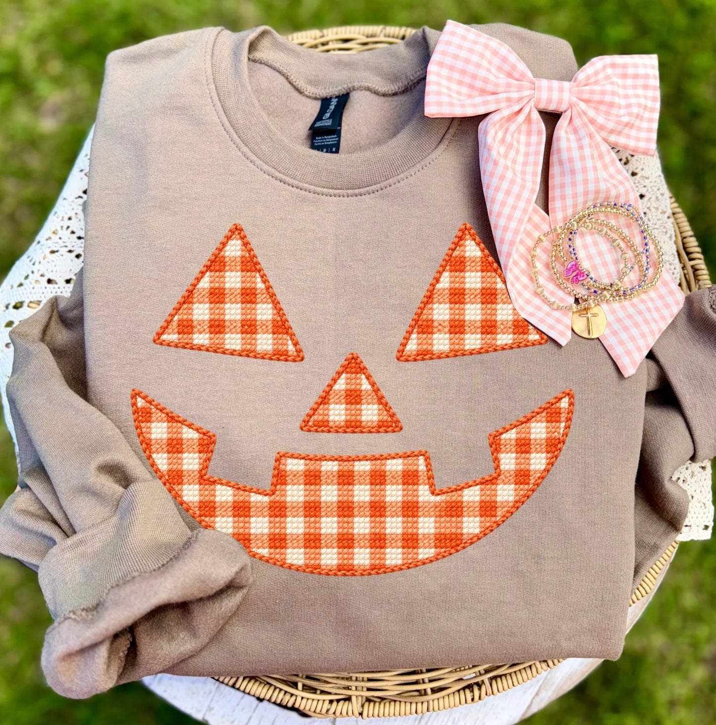 Checkered Pumpkin Face Faux Stitched - DTF Transfer